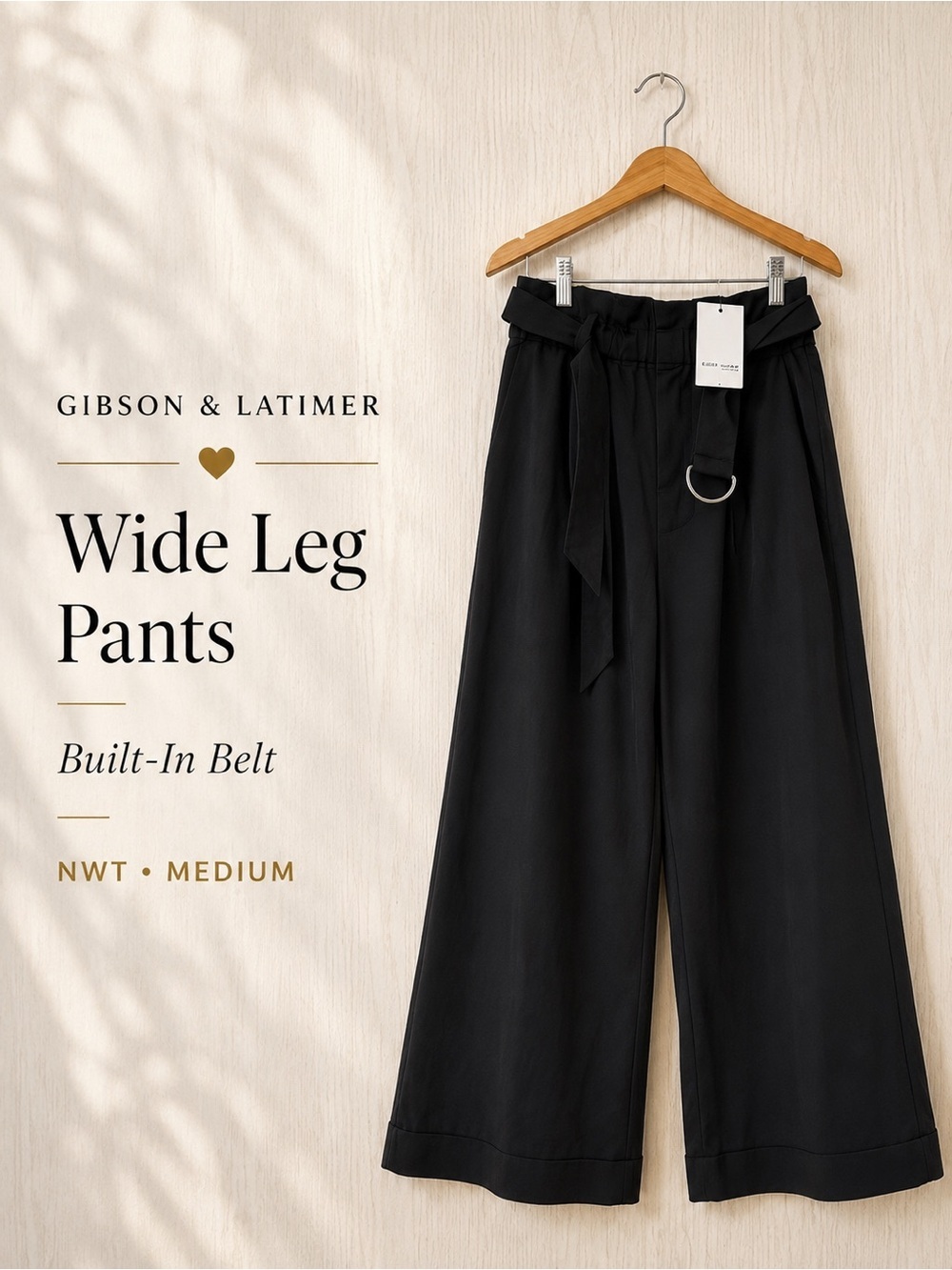 Gibson & Latimer Black Wide Leg Pull-On Pants with Belt Size Medium NWT